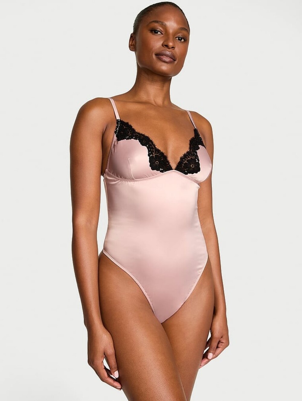 Dream Angels Women's Satin Lace-Trim Bodysuit - Blush Pink SZ L VS